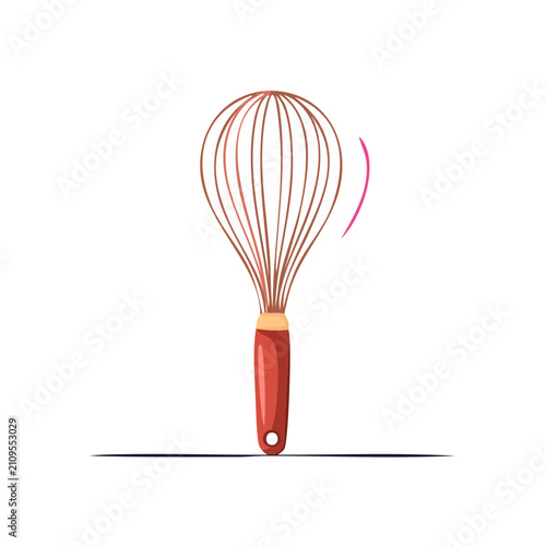 Red handle wire whisk with a pink curved motion line