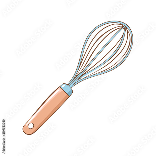 Illustration of a wire whisk with a light brown handle and light blue accents