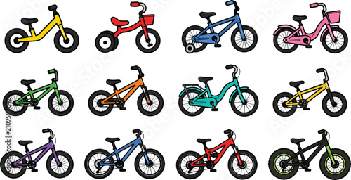 Diverse Collection Cartoon Kids Bicycles Isolated White Background