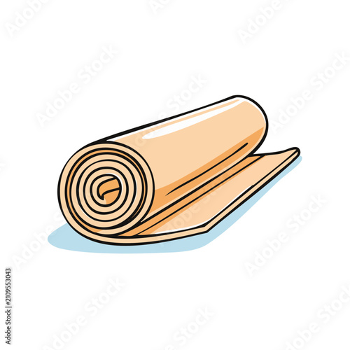 Rolled yoga mat in a light tan color with a shadow underneath on a white background
