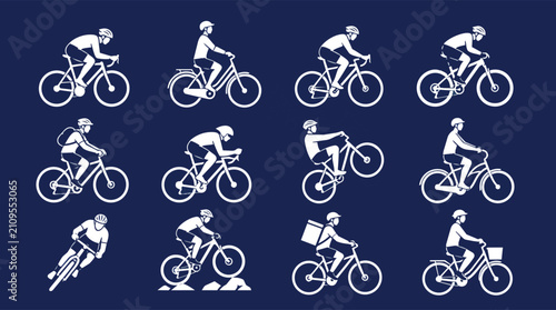 Diverse cyclist icons set featuring people riding bicycles, blue background