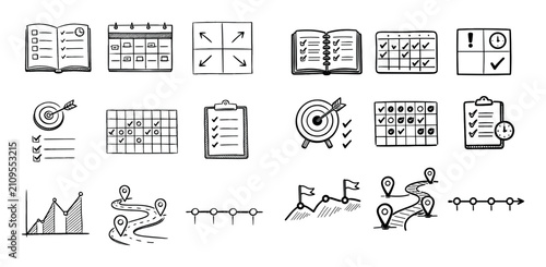 Planning and management design icons with checklist, calendar and timeline for presentation design in hand drawn illustration