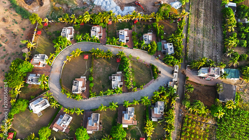 Konstfotografi Top Down Drone View of Luxury Villa Resort with Palm Tree Landscape and Private