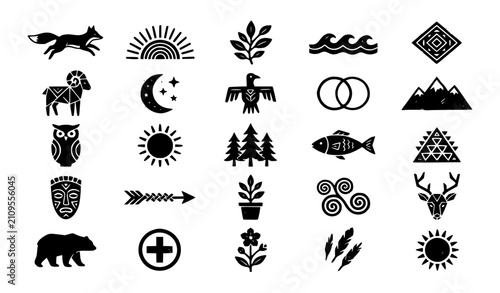 Foto Black Linocut Folk Geometric Icon Set Primitive Abstract Vector Symbols