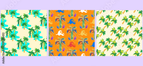 Hand-drawn abstract palm tree colorful seamless pattern Hawaiian ethnic boho print Vector illustration summer vacation background for fabric, textile, packaging
