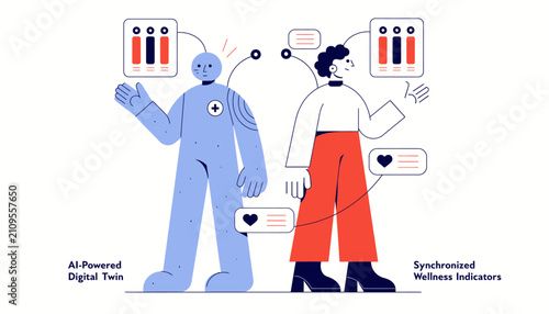 AI-Powered Digital Twin concept, synchronized wellness indicators for healthcare, flat vector illustration of human health monitoring technology