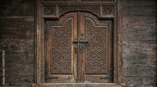 Ornate Wooden Door, Intricate Carvings, Rustic Texture, Traditional Craftsmanship