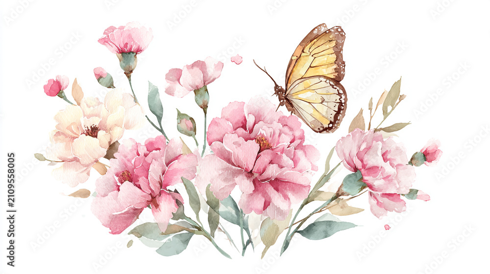 Fototapeta premium watercolor botanical butterfly and Carnation flowers texture template background. Design for wedding, vip cover, poster, rsvp moderncard.Valentine's Day 