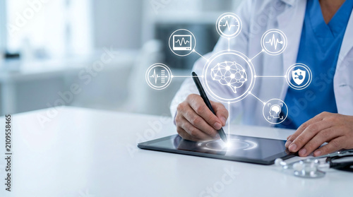 Close up of doctor hands with stylus on tablet with floating white healthcare ai diagnostics concept icons of brain synapse network on desk with left copy space