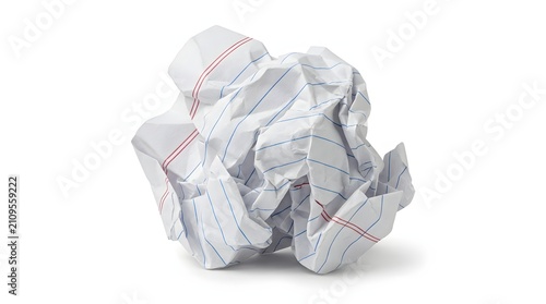 Crumpled ball of lined notebook paper isolated on a white background representing writer's block and discarded ideas during brainstorming
