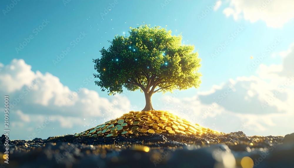 Obraz premium A Small Money Tree Growing On A Pile Of Gold Coins Representing Financial Growth Investment And Wealth