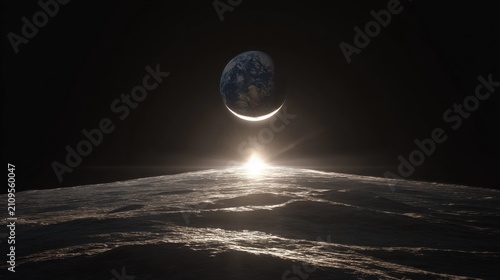 Earth rising above the moon surface under bright solar flare light