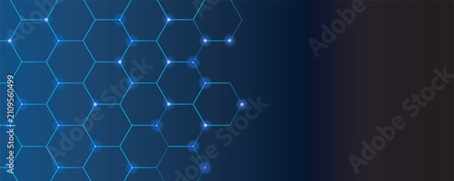 Blue hexagonal grid background with glowing lines and nodes modern technology design
