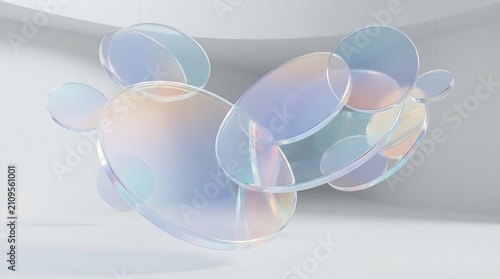 Abstract composition of floating iridescent glass discs