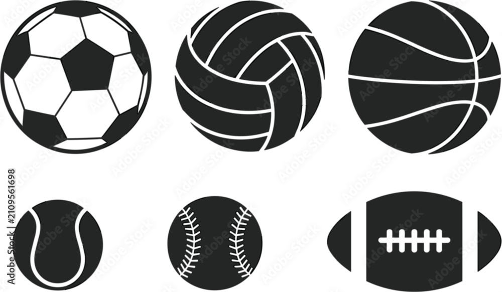 Obraz premium Sports Ball Icons Collection, Soccer Volleyball Basketball Tennis American Football Vector Set for Athletic Design Elements Editable Graphics