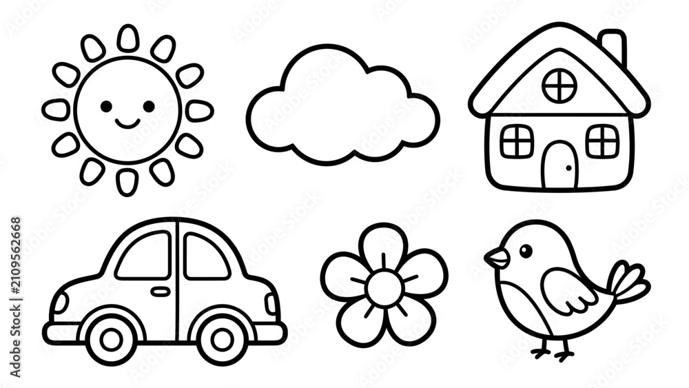 Fototapeta premium Cute cartoon icons of sun cloud house car flower and bird
