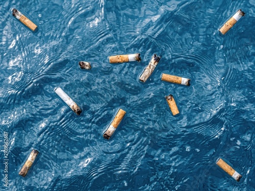 Cigarette Butts Floating in Water: Numerous cigarette butts are scattered across the surface of blue water, polluting the environment and highlighting the issue of waste.