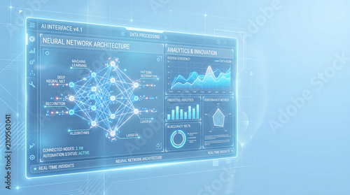 Layered over a light blue background, an artificial intelligence interface shows neural connections and data charts in a bright clean design, no people, artificial intelligence, neural network