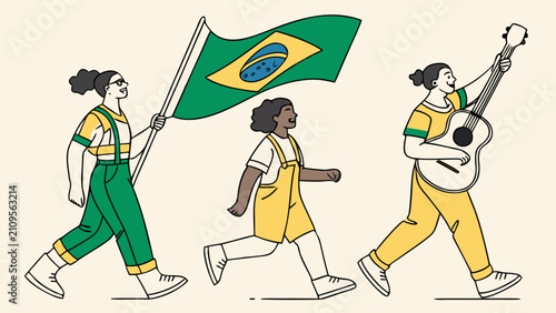 Brazilian people celebrating with national flag and guitar, patriotic parade and cultural celebration of Brazil independence day