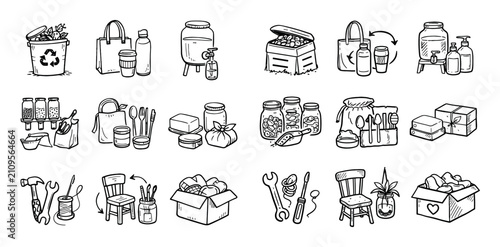 Obraz na plátne Eco and sustainability design icons with recycling bin, reusable bags and jars f