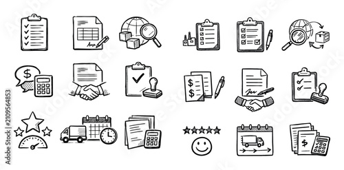 Business and finance design icons with clipboard, calculator and handshake for infographic design in doodle style