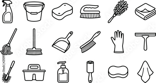 Tableau sur toile Set of hand drawn cleaning supplies and household tools for housekeeping and jan