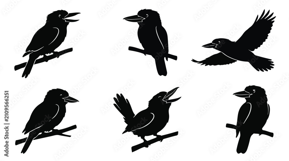 Fototapeta premium A set of six kookaburra bird silhouette vector icon illustrations on a white background 