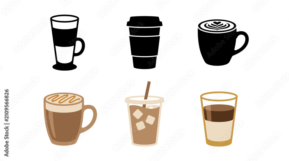 Obraz premium Set of vector collection featuring different caramel macchiato coffee servings, caramel macchiato with caramel drizzle, iced caramel macchiato, caramel espresso in tall glass