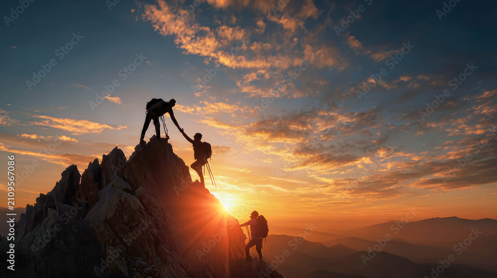 Obraz premium A group of colleagues stands on a mountain peak during sunset, h