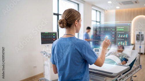 Monitoring a patient from behind, a healthcare professional touches a holographic interface displaying vital trends and health data in a bright smart clinic, face defocused, patient monitoring