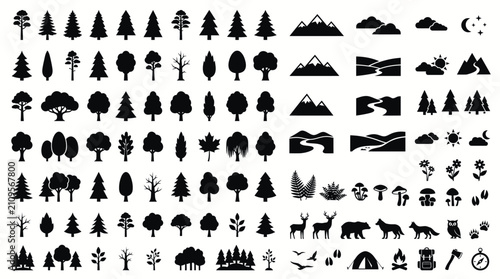 Forestry icons showcase a diverse collection of trees, mountain landscapes, and wildlife silhouettes for nature design projects.