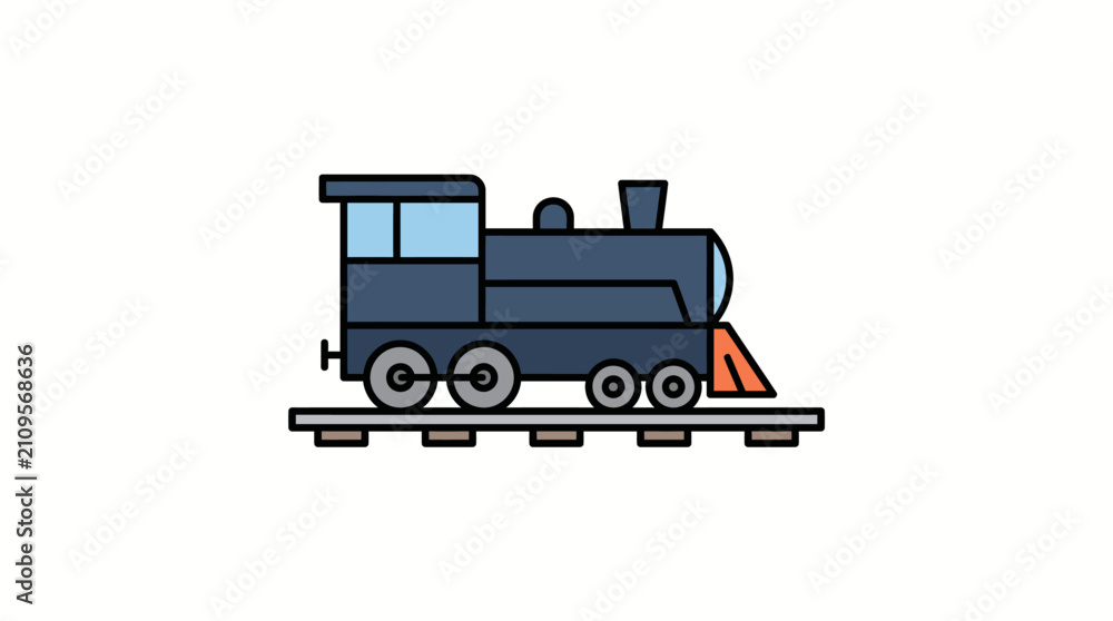 Fototapeta premium Steam train travels across a railway track in a simple flat design illustration.