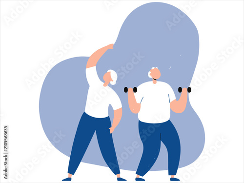 Two elderly people exercising with dumbbells