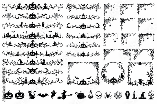 Vintage Halloween decorative dividers and frames set, black spooky filigree borders with pumpkins and bats, gothic holiday vector elements isolated PNG with Transparent Background