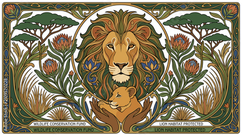 Art Nouveau Wildlife Conservation Lion and Cub Illustration