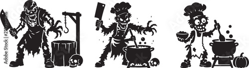 Bild auf Leinwand Undead Chefs Cooking with Knives Pots and Cauldrons Halloween Silhouette Set