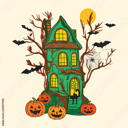 Green Haunted House Halloween Scene with Full Moon Bats and Pumpkins