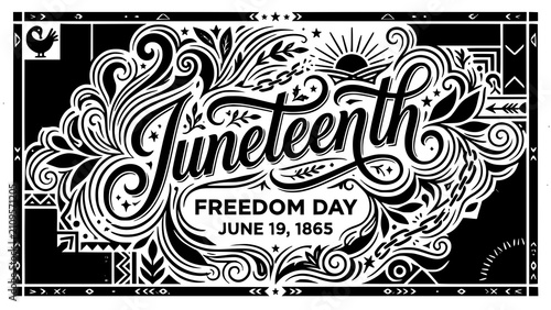 Black and white juneteenth freedom day typography design with intricate floral patterns and cultural symbols
