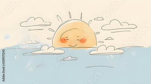 a sunny day view  a smiling sun with small clouds 