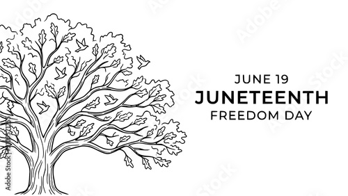 Juneteenth freedom day illustration with a hand drawn tree and birds on white background