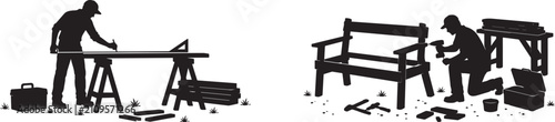 Cuadro en lienzo Carpenter Cutting Wood and Repairing Farm Fence in Rural Workshop Silhouette Set