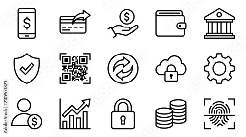 Banking and finance icons are arranged in a grid to represent digital money management and secure transactions.