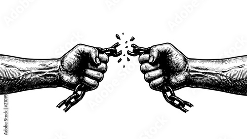 Quadro su tela Black and white illustration of human hands breaking metal chains representing f