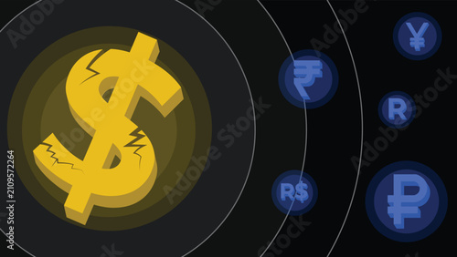 Εκτύπωση καμβά Declining US Dollar Concept Vector Illustration with Cracked Dollar Symbol Surro