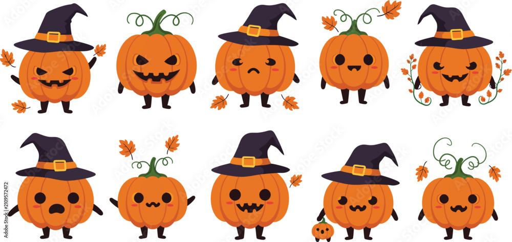 Fototapeta premium Cartoon pumpkins wearing witch hats with various expressions flat vector illustration on white background autumn