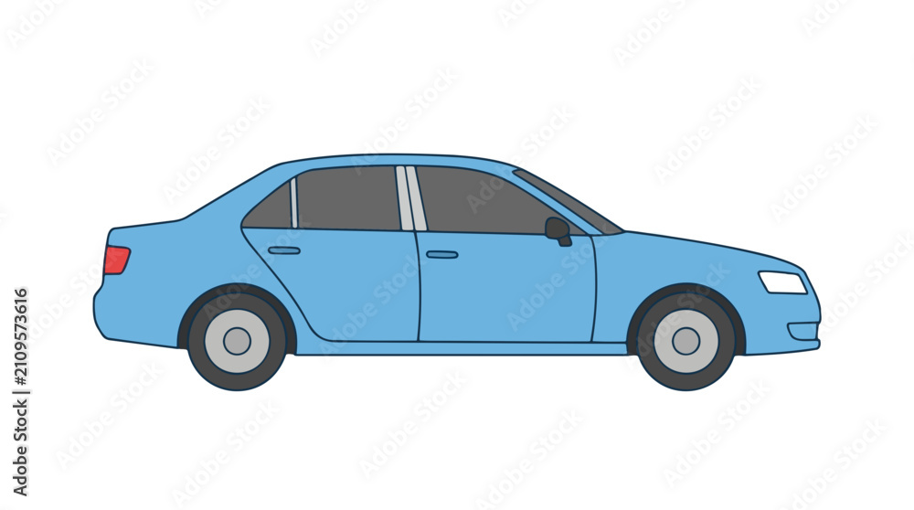 Fototapeta premium A simple blue sedan car shown in profile view with a clean white background