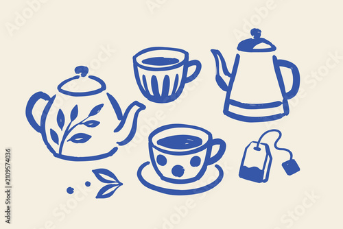 Fotografie Tea Set Hand Drawn Doodle Vector Illustration