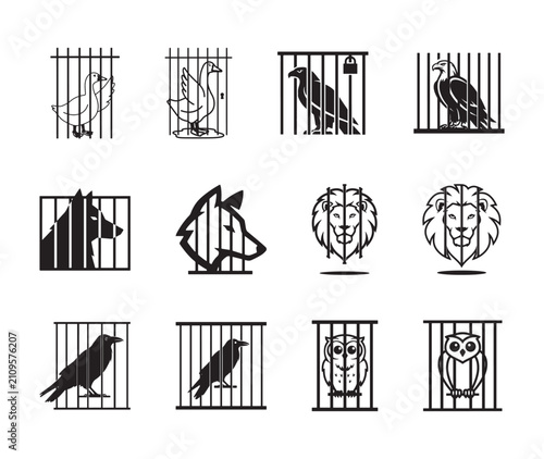 Bild auf Leinwand Set of minimalist black and white featuring various animals including birds, wol