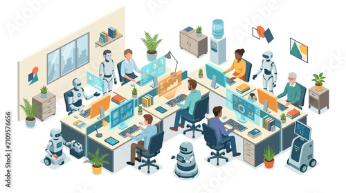 Diverse business team and humanoid robots collaborating in a modern isometric office space flat design.