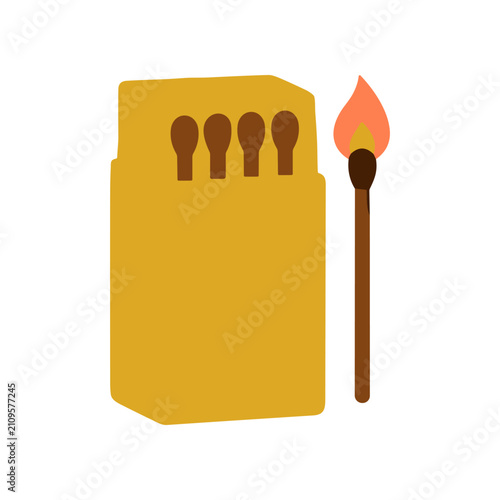 Foto Matchstick with flame and matchbox.